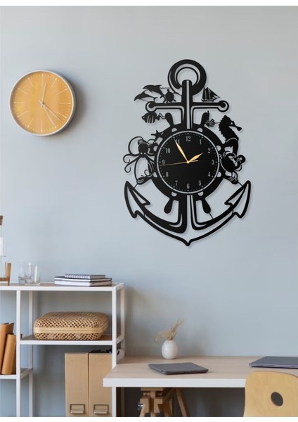 Deniz Çapası Tasarımlı Deniz Ürünleri Kaptan ve Deniz Severler Için Dekoratif Metal Duvar Saati