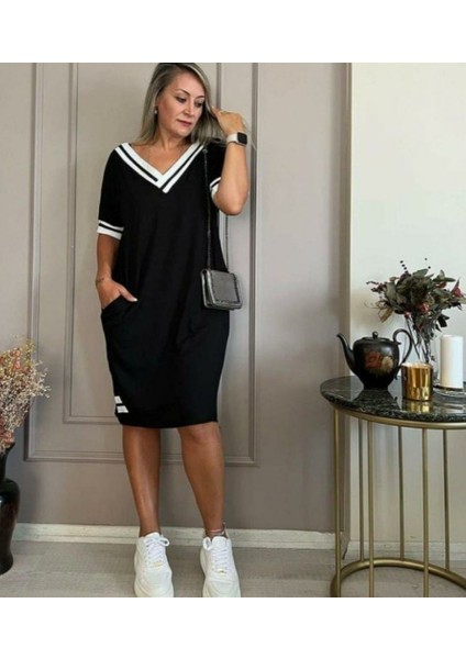 Kadın Kısa Kollu V Yaka Ribana Detaylı Cepli Dizüstü Viskon Elbise modelleri