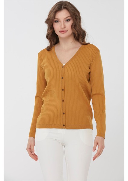 Kadın Simli Triko Yazlık Hırka Hardal