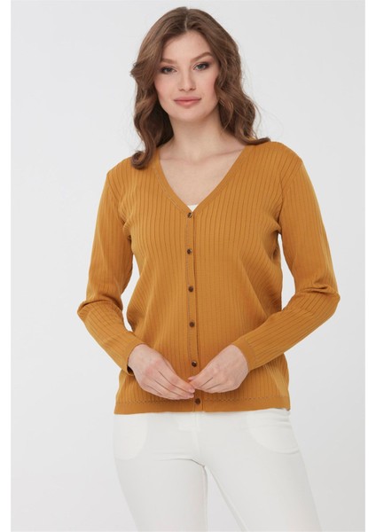 Kadın Simli Triko Yazlık Hırka Hardal modelleri