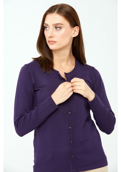 Kadın Likralı Basic Uzun Kollu Sıfır Yaka Hırka Mor