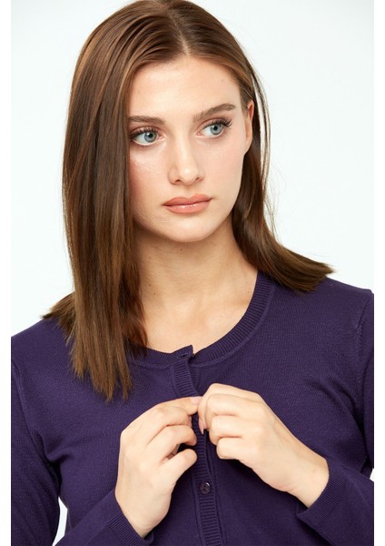 Kadın Likralı Basic Uzun Kollu Sıfır Yaka Hırka Mor fiyatları