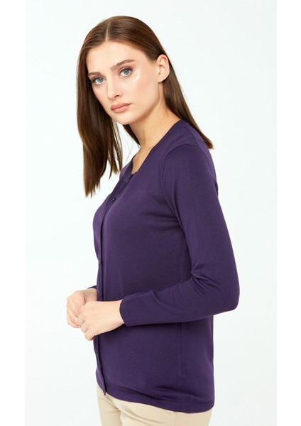 Kadın Likralı Basic Uzun Kollu Sıfır Yaka Hırka Mor indirimleri