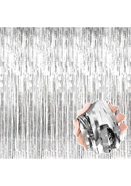 Arka Fon Gümüş Renk Metalize Arka Fon Gümüş Gri Kapı Duvar Perdesi 90 x 200 cm Metalik Duvar Püskülü Püsküllü Arka Fon