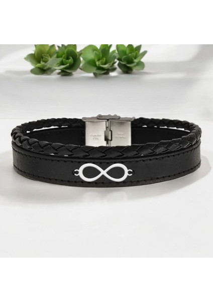 Erkeklere Özel Sonsuzluk Motifli 925 Ayar Gümüş Plakalı Derili Bileklik-407SONSUZ-Siyah