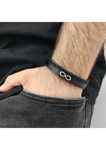 Erkeklere Özel Sonsuzluk Motifli 925 Ayar Gümüş Plakalı Derili Bileklik-407SONSUZ-Siyah fiyatları