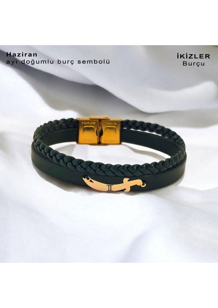 14 Ayar Plakalı Altın Erkeklere Özel Kılıç Figürlü Özgün Derili Doğum Ay Bilekliği-385AY-YEŞIL