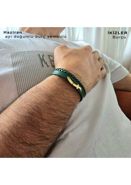 14 Ayar Plakalı Altın Erkeklere Özel Kılıç Figürlü Özgün Derili Doğum Ay Bilekliği-385AY-YEŞIL modelleri