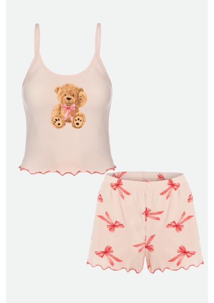 Kadın Ince Askılı Desenli Pamuklu Şortlu Pijama Takımı