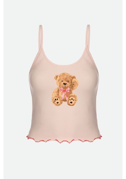 Kadın Ince Askılı Desenli Pamuklu Şortlu Pijama Takımı