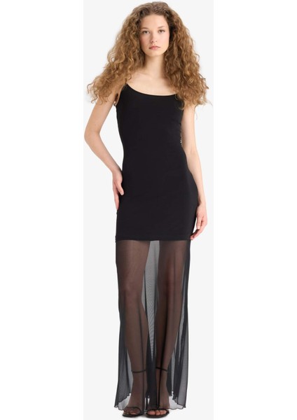 Coool Bodycon Vücudu Saran Kare Yaka Askılı Tül Maxi Elbise F5548AX25SM