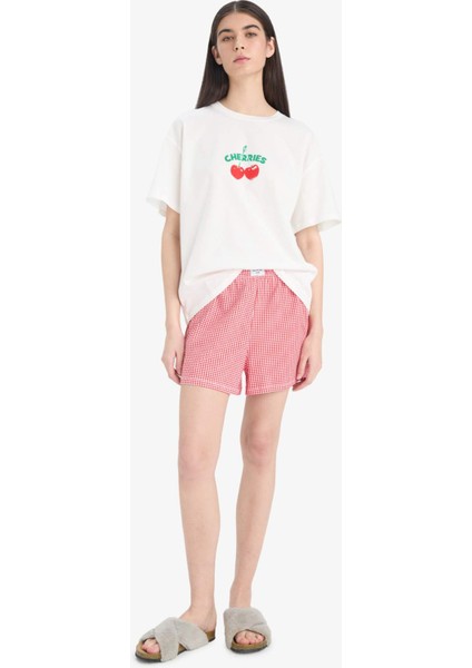 Regular Fit Pijama Takımı Kısa Kollu Baskılı Pijama Üstü Esnek Belli Şort Pijama Altı-Fall in Love F1958AX25SP