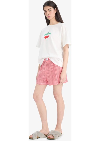 Regular Fit Pijama Takımı Kısa Kollu Baskılı Pijama Üstü Esnek Belli Şort Pijama Altı-Fall in Love F1958AX25SP