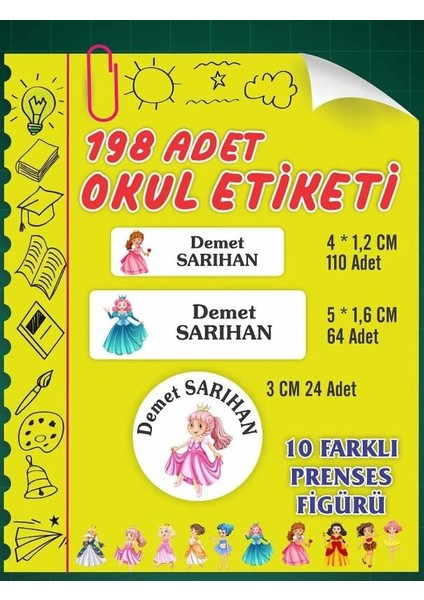 Isim Baskılı Defter Kalem Okul Etiketi ( 198 Adet Prenses Temalı)