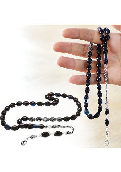 925 Ayar Gümüş Püsküllü Arpa Kesim Gümüş Isim Yazılı Mavi-Siyah Sıkma Kehribar Tesbih