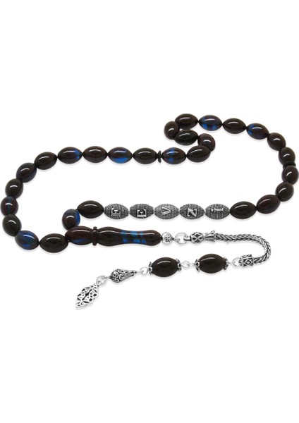 925 Ayar Gümüş Püsküllü Arpa Kesim Gümüş Isim Yazılı Mavi-Siyah Sıkma Kehribar Tesbih fiyatları