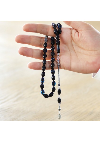 925 Ayar Gümüş Püsküllü Arpa Kesim Gümüş Isim Yazılı Mavi-Siyah Sıkma Kehribar Tesbih modelleri