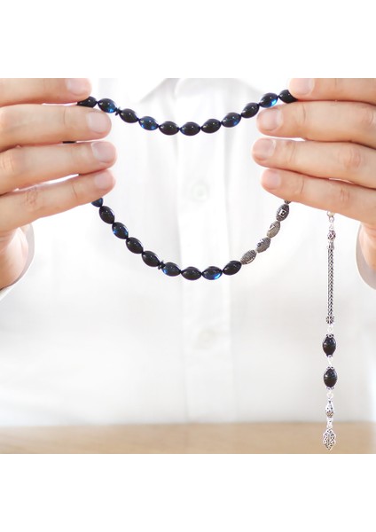 925 Ayar Gümüş Püsküllü Arpa Kesim Gümüş Isim Yazılı Mavi-Siyah Sıkma Kehribar Tesbih fırsatları