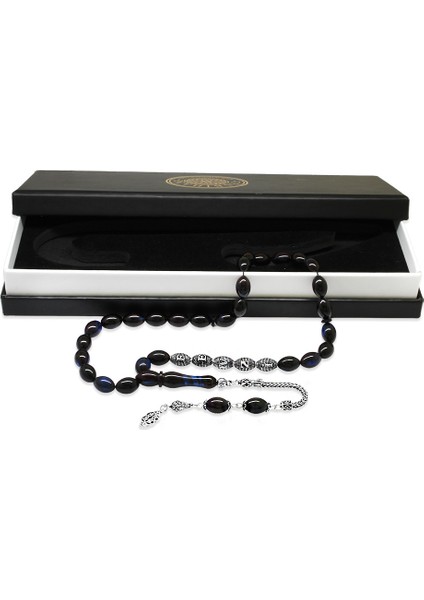 925 Ayar Gümüş Püsküllü Arpa Kesim Gümüş Isim Yazılı Mavi-Siyah Sıkma Kehribar Tesbih indirimleri