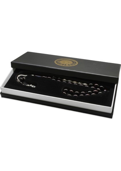 925 Ayar Gümüş Püsküllü Arpa Kesim Gümüş Isim Yazılı Mavi-Siyah Sıkma Kehribar Tesbih