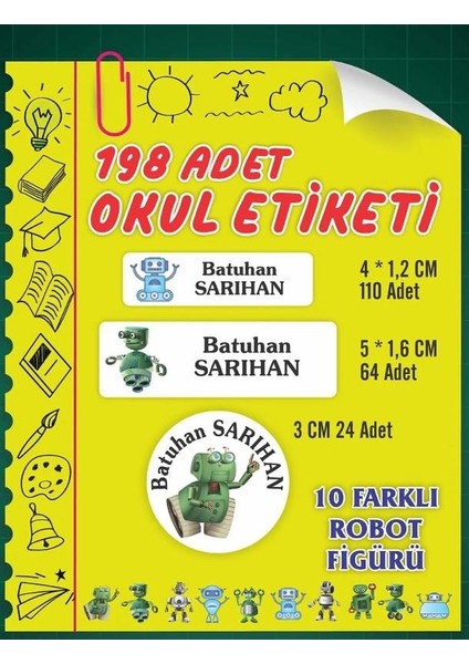 Isim Baskılı Defter Kalem Okul Etiketi ( 198 Adet Robot Temalı )