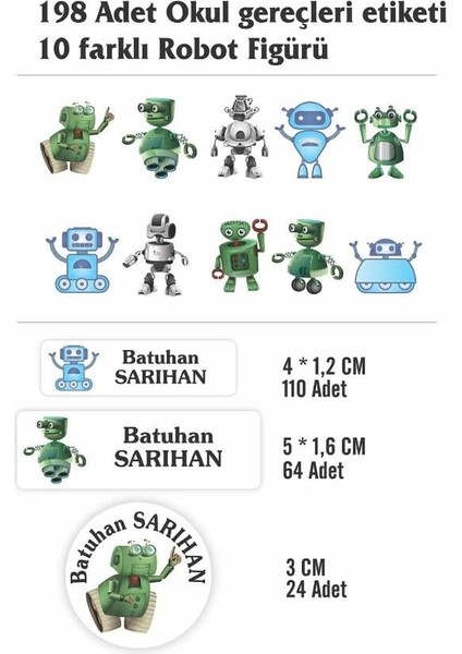 Isim Baskılı Defter Kalem Okul Etiketi ( 198 Adet Robot Temalı )