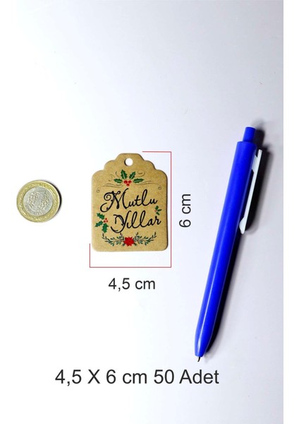 Kokina Temalı Yeni Yıl Etiketi - Mutlu Yıllar - Kraft Yılbaşı Etiketi (4,5 x 6 Cm) 50 Adet fiyatları