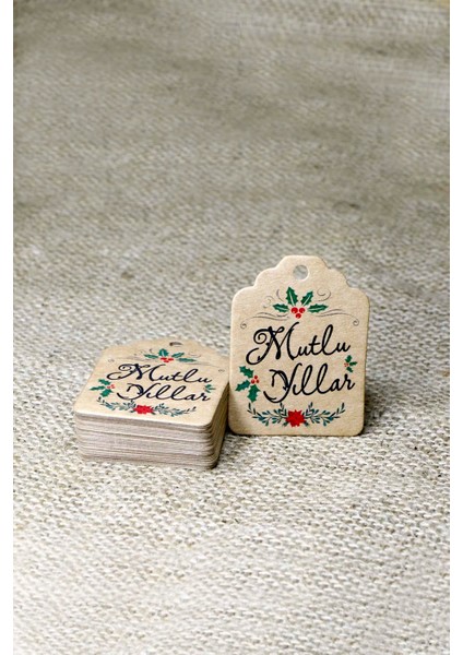 Kokina Temalı Yeni Yıl Etiketi - Mutlu Yıllar - Kraft Yılbaşı Etiketi (4,5 x 6 Cm) 50 Adet modelleri