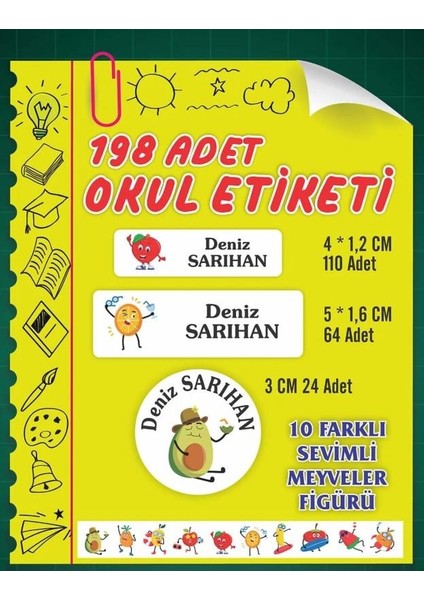 Isim Baskılı Defter Kalem Okul Etiketi ( 198 Adet Sevimli Meyveler Temalı )