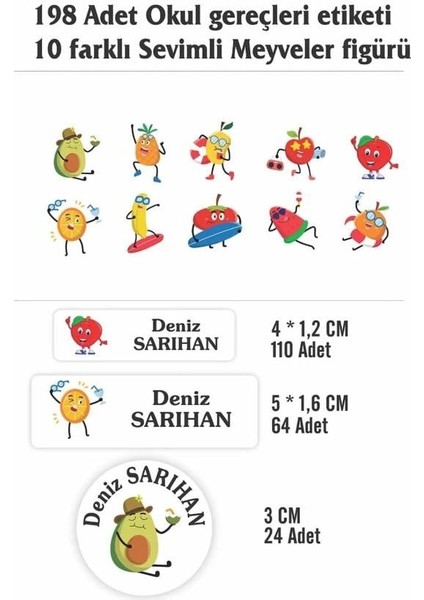 Isim Baskılı Defter Kalem Okul Etiketi ( 198 Adet Sevimli Meyveler Temalı ) fiyatları