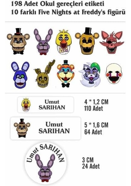 Isim Baskılı Defter Kalem Okul Etiketi ( 198 Adet Five Nights At Freddy's Temalı ) fiyatları