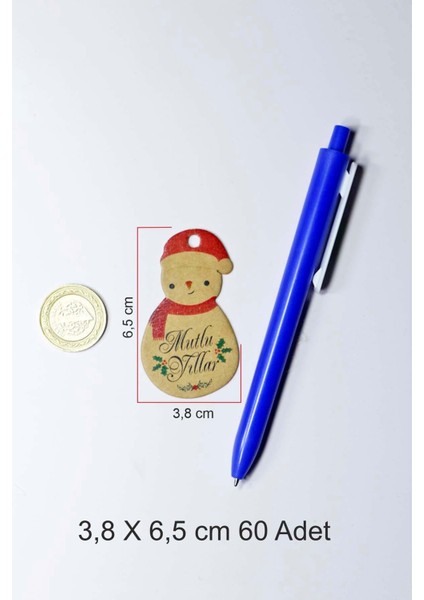 Kardan Adam Temalı Yeni Yıl Etiketi -Mutlu Yıllar -Kraft Yılbaşı Etiketi (3,8x6,5 Cm)60 Adet