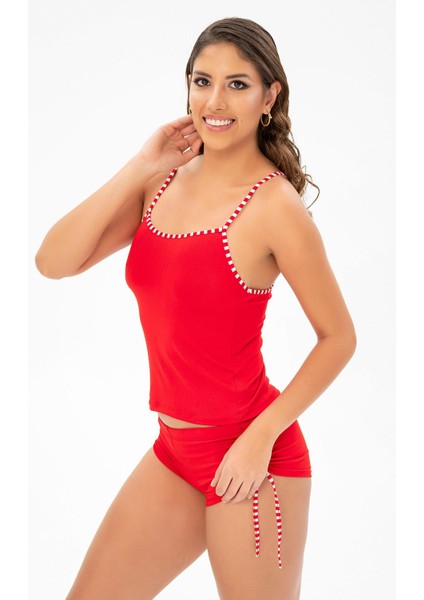 Kadınlar Için Kırmızı Renk Sıfır Kol Askılı Pijama Takım