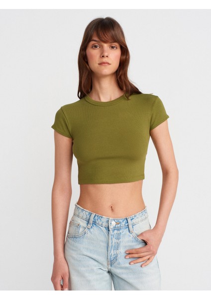 31810 Bisiklet Yaka Crop T-Shirt-Yağ Yeşil