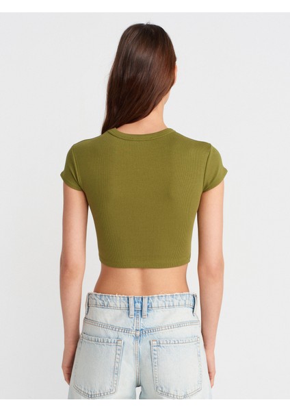 31810 Bisiklet Yaka Crop T-Shirt-Yağ Yeşil fiyatları