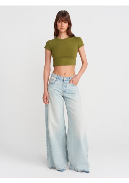 31810 Bisiklet Yaka Crop T-Shirt-Yağ Yeşil fırsatları