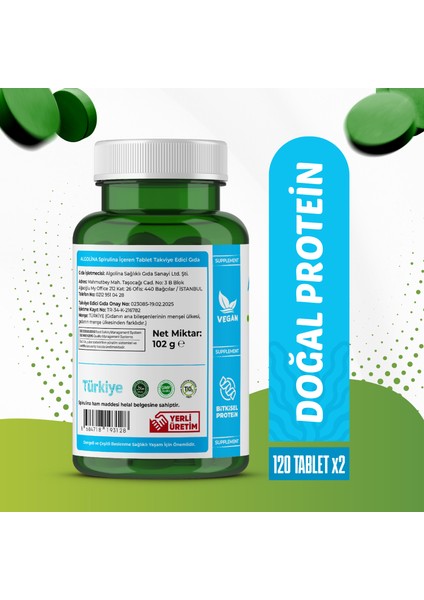 Spirulina 120 Tablet 525 Mg (2 Adet) PROTEİN KAYNAĞI - TAKVİYE EDİCİ GIDA