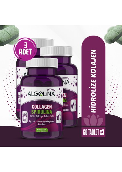 Collagen + Spirulina Tablet Takviye Edici Gıda -1260 mg 60 Tablet-(Kolajen Tip 123) x 3 Adet