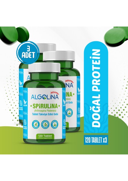 Spirulina 120 Tablet 525 Mg (3 Adet) PROTEİN KAYNAĞI - TAKVİYE EDİCİ GIDA