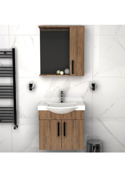 Lacrime 65 cm Beyaz Renkli Mdf, Oval Seramik Lavabolu, Alt ve Üst Dolaplı, Banyo Dolabı Takımı