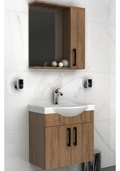 Lacrime 65 cm Beyaz Renkli Mdf, Oval Seramik Lavabolu, Alt ve Üst Dolaplı, Banyo Dolabı Takımı