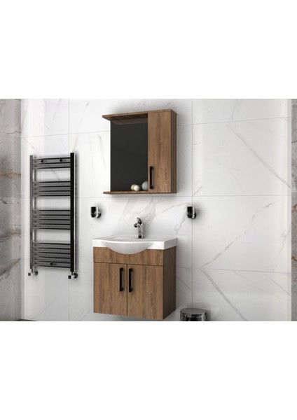 Lacrime 65 cm Beyaz Renkli Mdf, Oval Seramik Lavabolu, Alt ve Üst Dolaplı, Banyo Dolabı Takımı