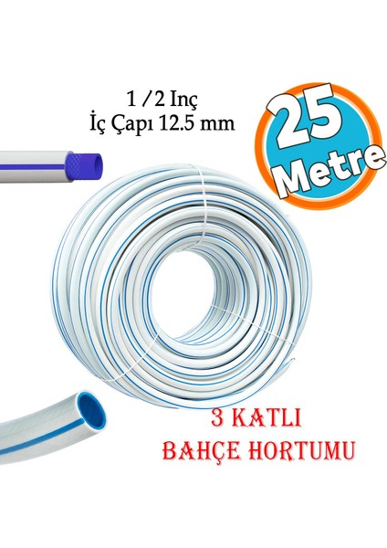 25 Metre Bahçe Hortumu 3 Katlı Sağlam Çeşme Su Sulama Hortum Araç Araba Yıkama 12.5 mm 1/2"