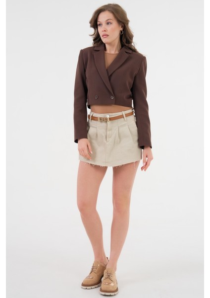 Acı Kahverengi Kruvaze Crop Blazer Ceket