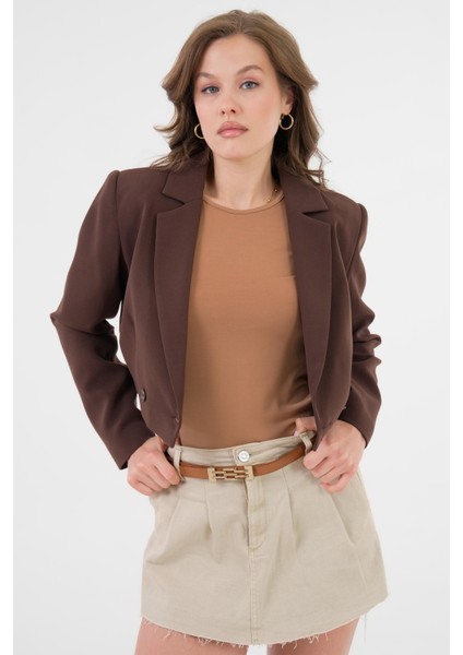 Acı Kahverengi Kruvaze Crop Blazer Ceket