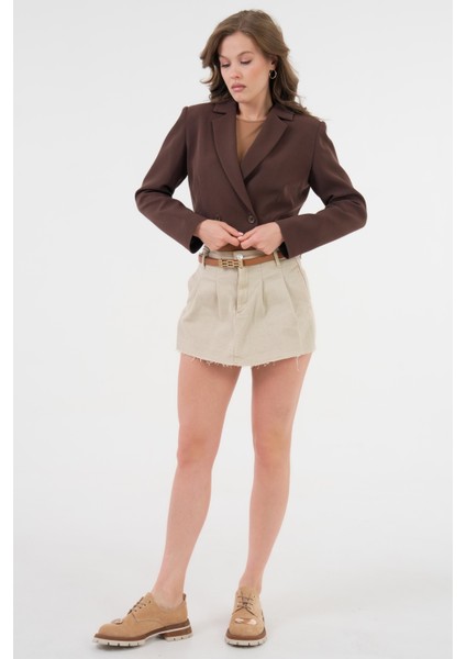 Acı Kahverengi Kruvaze Crop Blazer Ceket