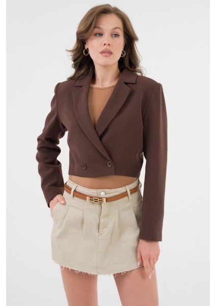 Acı Kahverengi Kruvaze Crop Blazer Ceket