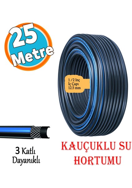 Kauçuklu Termo Bahçe Hortumu 25 Metre Dayanıklı 3 Katlı Sağlam Su Sulama Yıkama Hortum 12.5 mm 1/2"