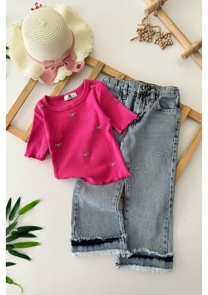 Taşlı Fiyonk Desenli Kot Pantolonlu kız takım - Fuşya