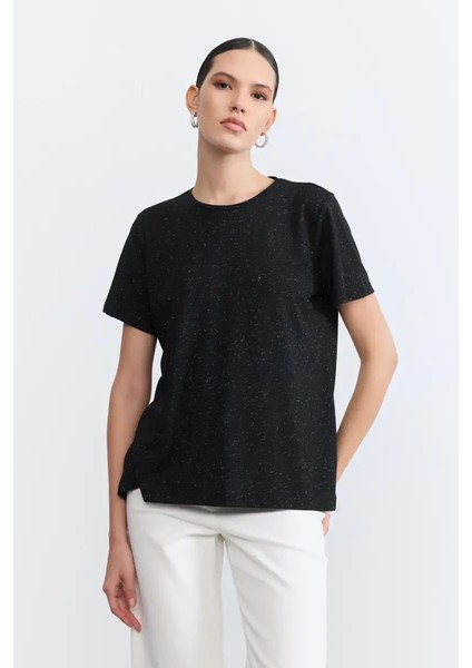 Simli Bisiklet Yaka T-Shirt - Siyah